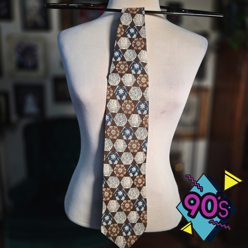 Structure Tie Mens Vintage 90s Silk Geometric Medallion Brown Blue Made in USA